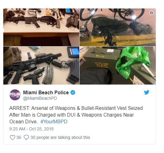 Detienen en Miami Beach a borracho con arsenal de armas